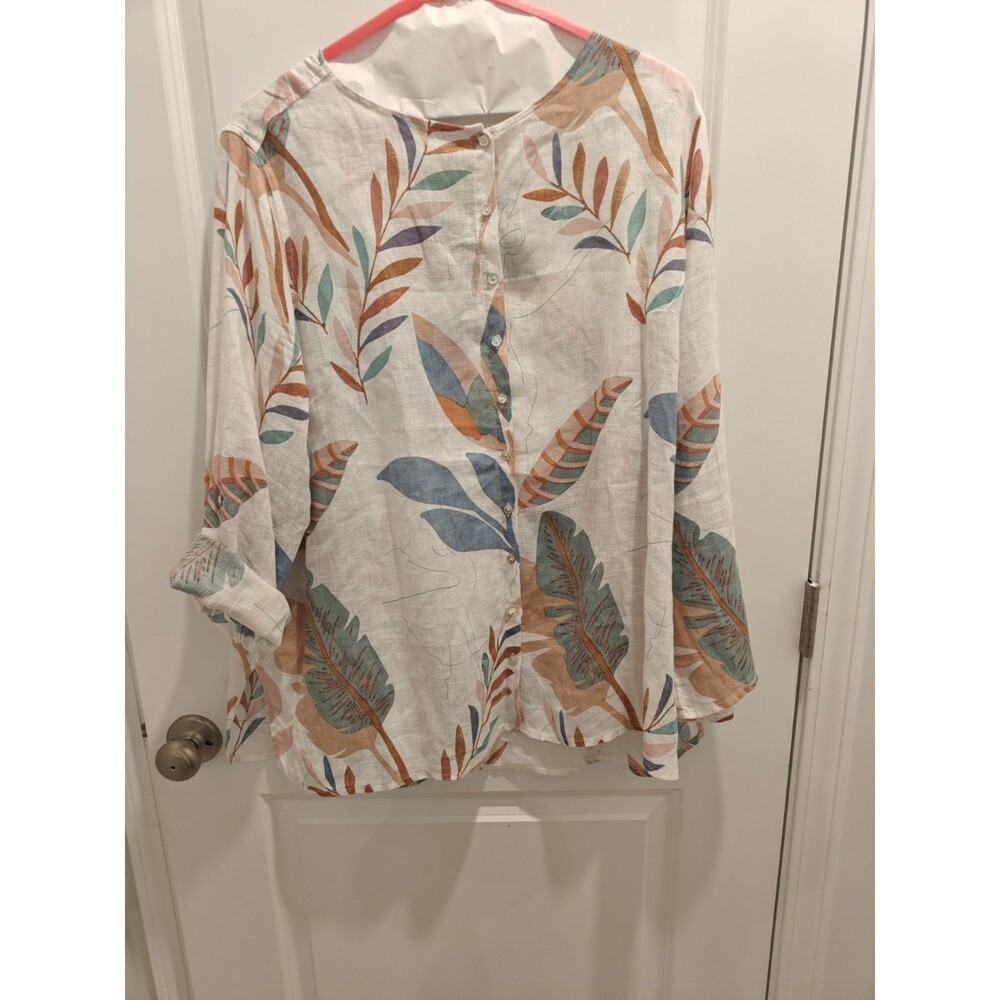 Cynthia Rowley Blouse 100% Linen Tunic 2X Button Up Roll Tab Tropical Leaf Print